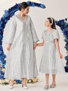 SHEIN Tween Girls' Patchwork Lace Trim Ribbon Puff Sleeve V-Neck Dress - Multicolor - View 1