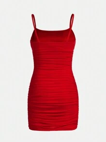 SHEIN Teen Girl Knitted Mesh Ruffle Casual Cami Dress - Red - View 2