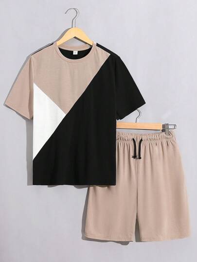 SHEIN Leap Crew Teen Boy Leisure Color Block Round Neck Loose Fit Knitted Two-Piece Set Of T-Shirt And Solid Color Shorts
