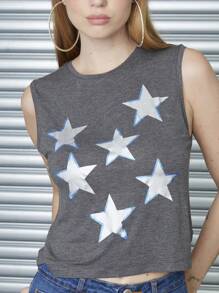 SHEIN Regata cropped de estrelas metalizado prata feminino - Cinza - Visão 1