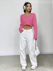 Flirla Áo len nữ cổ chữ V dáng ngắn, thích hợp cho mùa thu đông. - Màu Hồng Tươi - Xem 5