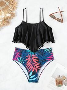 Swim Lushoire Summer Beach Women's Mono Color Tassel Hem Cami Bikini Set With Printed Underwear & Waistband Tankini Swimsuitswimwear For Ladies - Multicolor - View 4