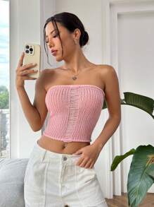 SHEIN EZwear 女士空心露肩針織上衣 - 粉色 - 查看 5