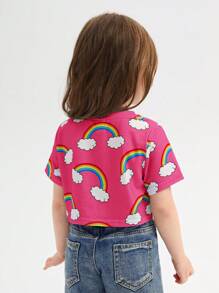 SHEIN Leap Crew Young Girl Comfortable And Lovely Rainbow & Cloud Print T-Shirt For Casual Wear - Hot Pink - View 2
