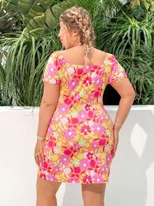 Dreamara Plus Size Women's Botanical Print Front Tie Dress - Burnt Orange - View 2