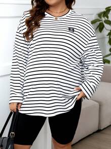 SHEIN Set Di 2 Pezzi Top A Collo Rotondo Ol Loose Fit A Righe Taglia Grande Per Maternità E Pantaloncini A Vita Regolabile Uniti Monocromatici - Bianco e nero - Visualizzare 5