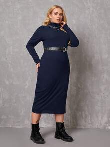 SHEIN Essnce Kích thước lớn Tay áo dài Chia bên Đầm - Màu xanh hải quân - Xem 5