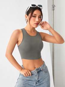 Easithlete Màu thuần Quần skinny Thể thao Tank Top Với Racerback Thiết kế - Xám - Xem 2