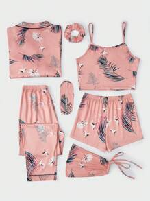 青少年女孩珊瑚粉色树叶印花裤、长袖衬衫、短裤、吊带背心 4 件套家居服度假旅行休闲夏装 - 珊瑚粉 - 查看 2