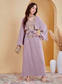 SHEIN Leap Crew Thiếu niên Cô gái Dệt Vá lại Ren & Tua trang trí Váy 2 trong 1 - Màu tím - Xem 3