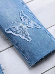 女嬰蝴蝶圖案直筒牛仔褲 - 中等水洗藍 - 查看 3