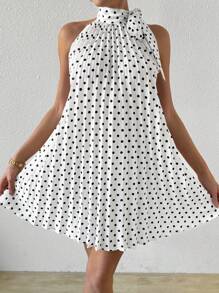 Firerie 女士波尔卡圆点蝴蝶结领口无袖连衣裙，适合情人节、婚礼季节、度假、春夏季