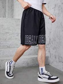 Teen Boys' Casual Streetwear Style Letter Printed Sports Shorts - Black - View 5
