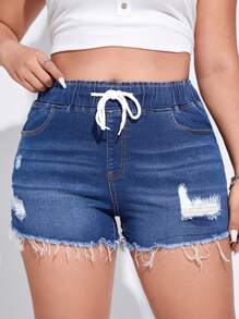 SHEIN EZwear Kích thước lớn Quần short Denim Với dây rút Eo , Chi tiết đau khổ Và Frayed Hem - Màu xanh lam - Xem 1