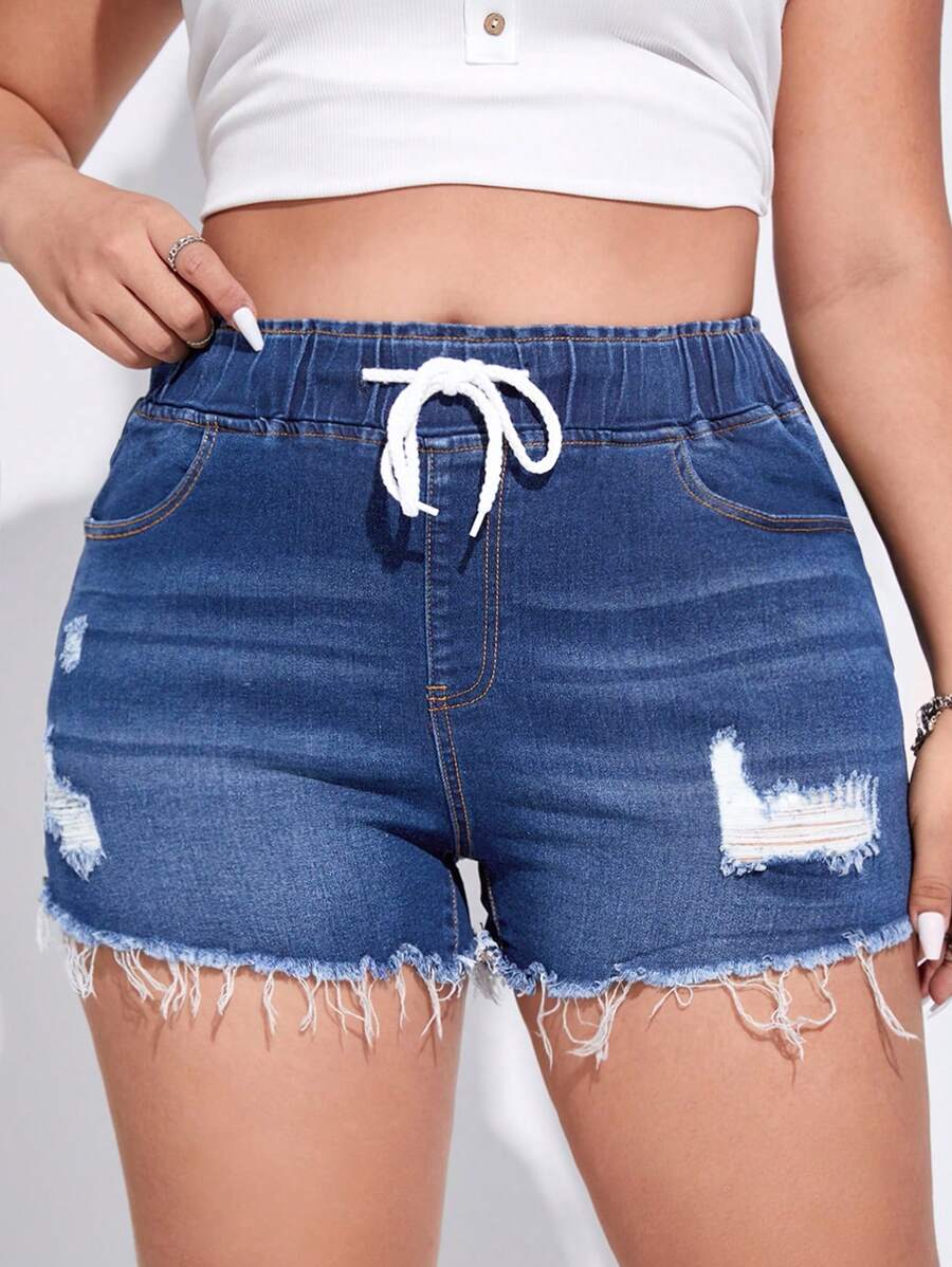 SHEIN EZwear Kích thước lớn Quần short Denim Với dây rút Eo , Chi tiết đau khổ Và Frayed Hem - Màu xanh lam - Xem 1