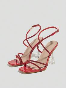 Women's Chunky Heeled, Transparent Straps & Rhinestone Detailing Ankle Strap, Breathable High-Heeled Sandals For Summer - Red - View 3