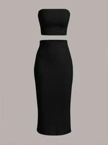 SHEIN EZwear Women's Solid Color Knit Halter Top And Knit Skirt Set - Black - View 1