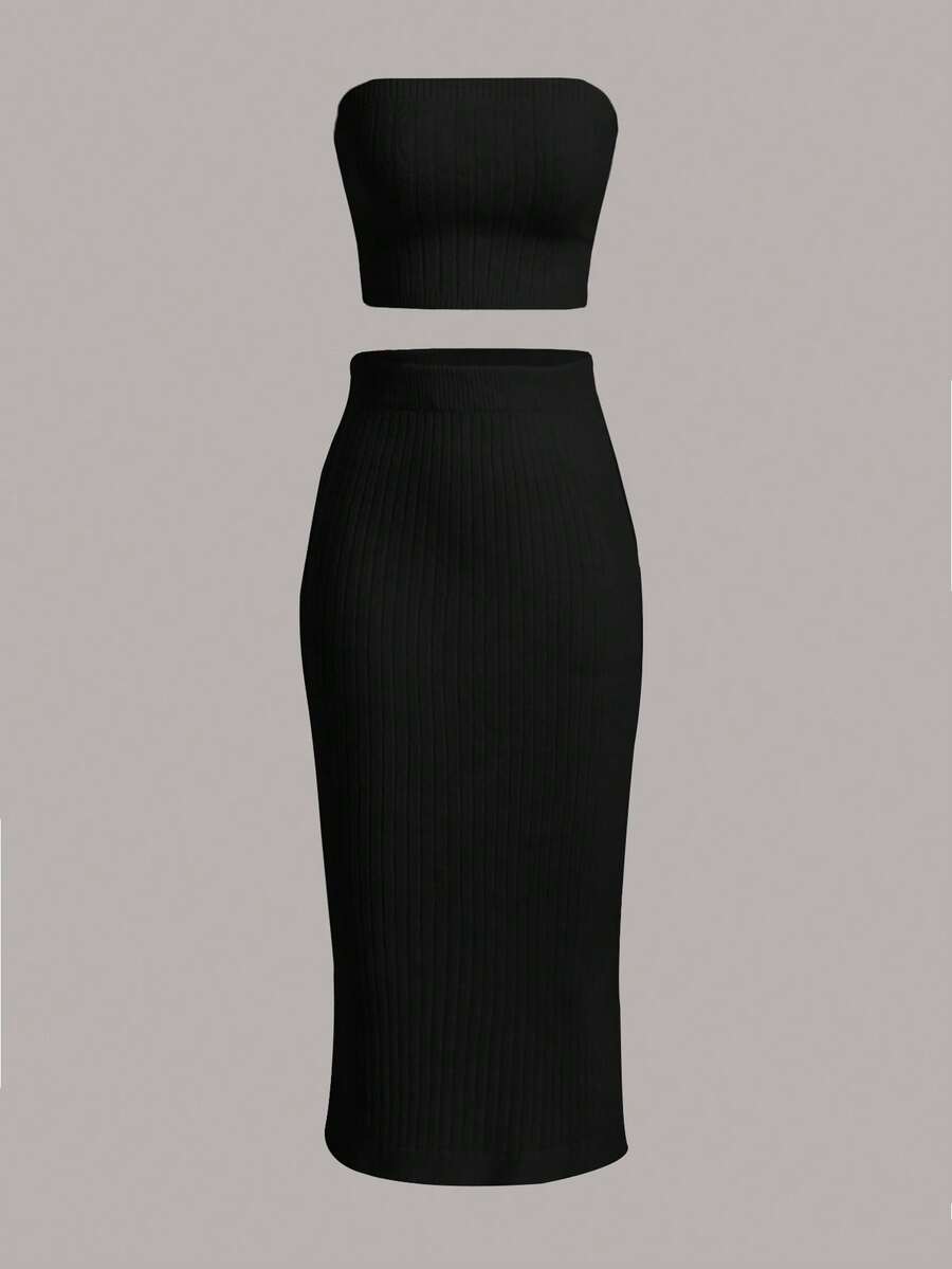 SHEIN EZwear Women's Solid Color Knit Halter Top And Knit Skirt Set - Black - View 1