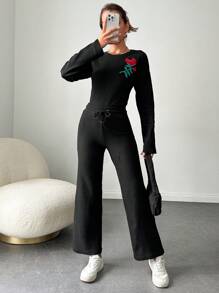 EURMUSE Women'S Floral Pattern Long Sleeve Top And Pants Two Piece Set - Black - View 3