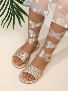 女童夏季時尚平底鞋,開放式腳趾和帶子,適用於日常、休閒、時尚和海灘,金色 - 金色 - 查看 3