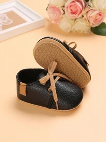 春秋款 0-1 岁婴儿 PU 系带软底防滑运动鞋适合学步儿童 - 黑色 - 查看 2