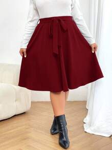 SHEIN Essnce 大尺碼純色腰帶裙 - 酒紅色 - 查看 1