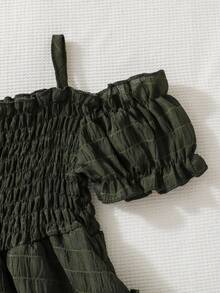 年輕女孩露肩褶皺多層荷葉邊修飾連衣裙 - 軍綠色 - 查看 5