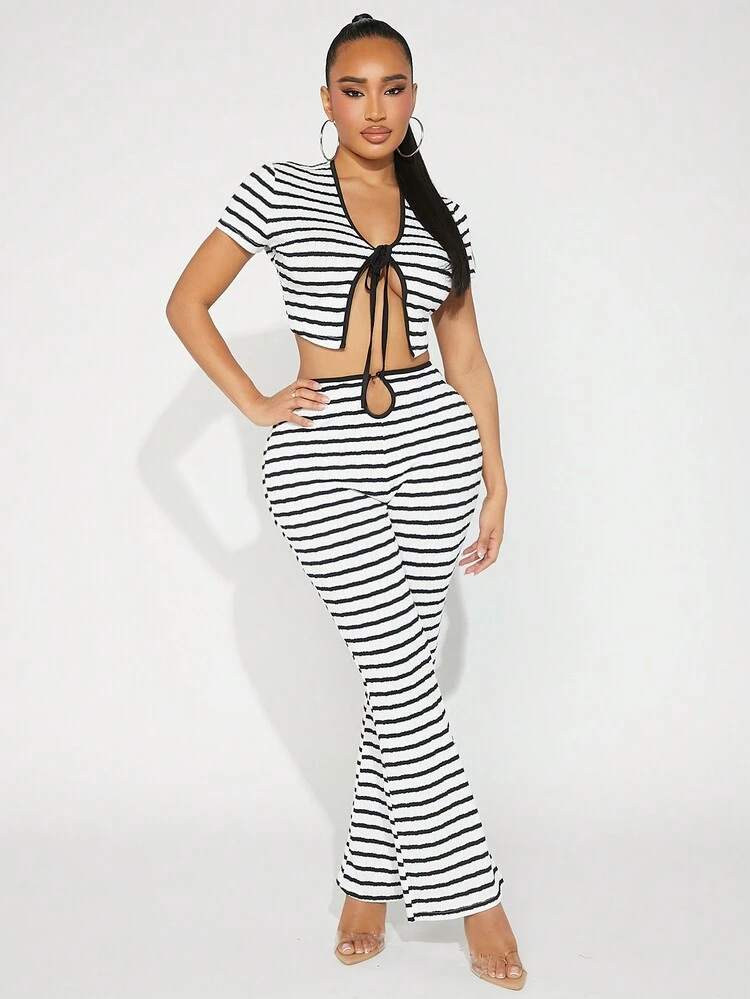 Ladies' Hollow Out Striped Waist Flared Pants Summer Outfits