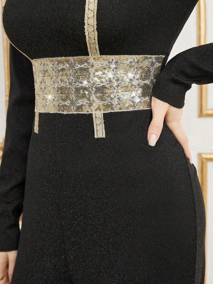 Colorblock Sparkly Panel V-Neck Long Sleeve Jumpsuit Fall Cloth For Women