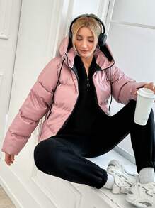 EURMUSE Women'S Solid Color Hooded Short Padded Jacket With Zipper - Baby Pink - View 5