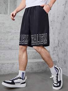 Teen Boys' Casual Streetwear Style Letter Printed Sports Shorts - Black - View 1