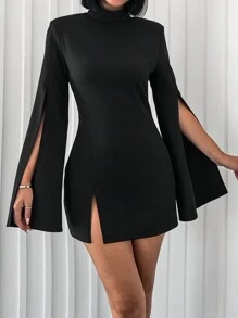 SHEIN Cottnline Mock Neck Split Sleeve Split Hem Dress - Black - View 3
