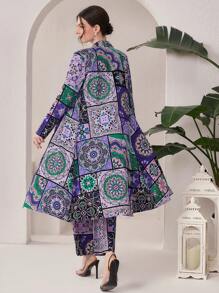 Al Najma 女式全印花长袖前开襟上衣和裤子套装 2 件套 - 彩色 - 查看 1