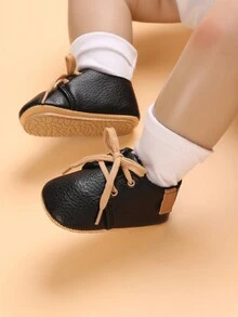 春秋款 0-1 岁婴儿 PU 系带软底防滑运动鞋适合学步儿童 - 黑色 - 查看 5