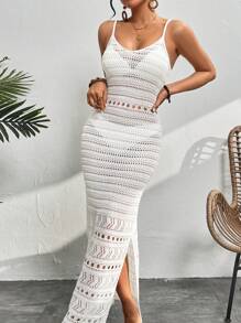 SHEIN VCAY 女士空心針織細肩帶毛衣裙 - 白色 - 查看 3