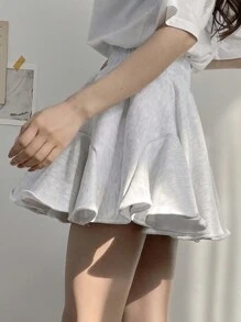 DAZY 弹性腰部休闲羊毛喇叭裙，返校服装 - 灰色 - 查看 2