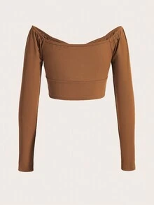 ROMWE Camiseta ajustada de manga larga con cuello en forma de corazón y diseño calado, versátil y sexy - Marrón - Ver 2