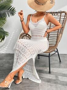 SHEIN VCAY 女士空心針織細肩帶毛衣裙 - 白色 - 查看 4