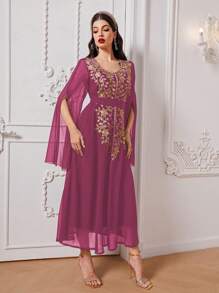 Al Najma 阿拉伯風格刺繡披肩袖禮服 - 玫紅色 - 查看 5