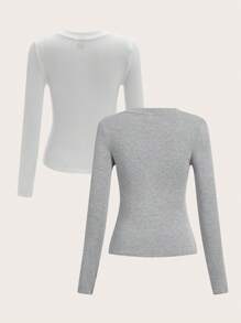 SHEIN EZwear Camiseta De Manga Larga De Punto Con Cuello En V Para Mujer - Gris - Ver 2