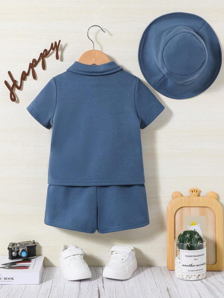 Baby Boy Unisex Baby Letter Print Shirt, Shorts And Hat Set With Round Neck