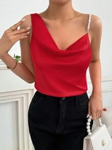 SHEIN Privé 红色女士情人节不对称垂坠领珍珠吊带上衣 - 紅色 - 查看 2