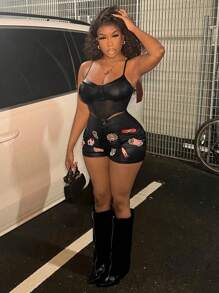 Slaydiva 女士性感网眼拼布黑色 PU 皮革不对称下摆吊带背心 - 黑色 - 查看 1