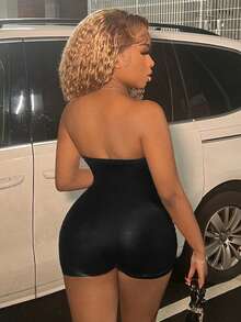 Slaydiva Music Festival Bandeau Bra Sleeveless Off Shoulder Center Front Zip Black PU Leather Jumpsuit Women's Leggings Jumpsuit - Black - View 5