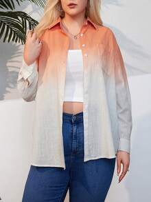 Women's Plus Size White Orange Colorblock Fashionable Shirt - Coral Orange - View 5
