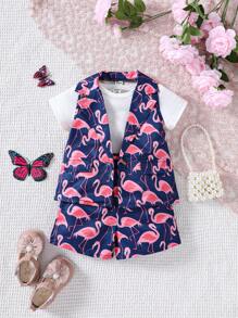 Conjunto De 3 Piezas Para Niña Bebé Que Incluye Camiseta Casual, Chaleco Con Diseño De Flamencos E Shorts