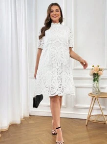 SHEIN Clasi 大尺碼女士立領短袖蕾絲連衣裙 - 白色 - 查看 1