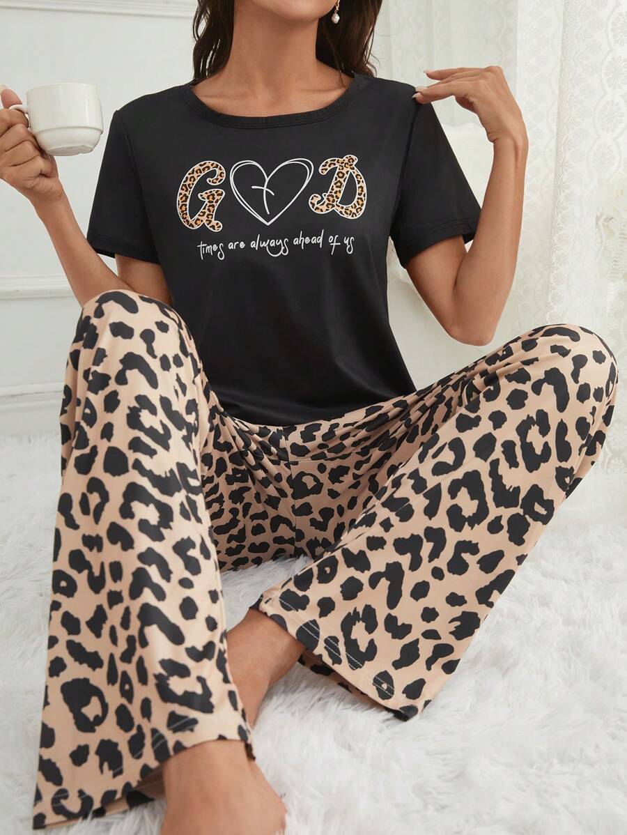 SHEIN Slogan Pattern Short Sleeve T-Shirt And Leopard Print Pants Pajama Set - Multicolor - View 1
