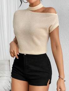 SHEIN Privé 女華夫格針織不對稱領口 T 卹 - 杏色 - 查看 5