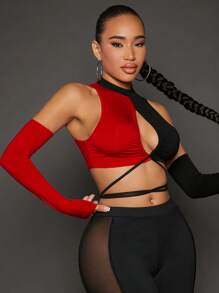 SHEIN SXY 女士黑色和紅色對比色空心短上衣,附袖子束帶 - 紅色和黑色 - 查看 3